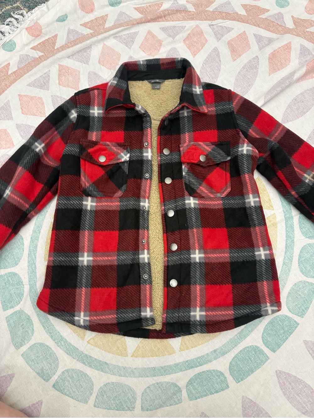 Eddie Bauer Kids Red and Black Plaid Sherpa-Lined Button Front Shirt Jacket